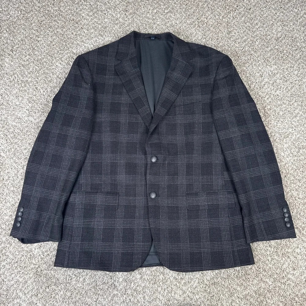 Jos A Bank Blazer Mens 44 Regular Dark Gray Plaid Traveler Tailored Fit Wool
